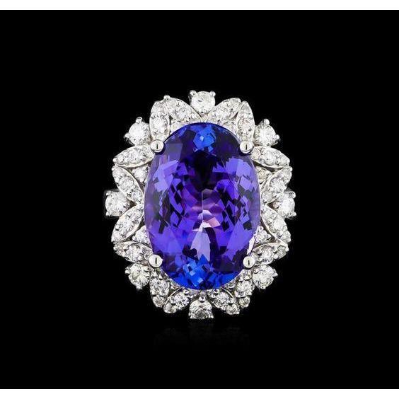 Bague Ovale Tanzanite Et Diamants 7 Carats Or Blanc 14K - HarryChadEnt.FR
