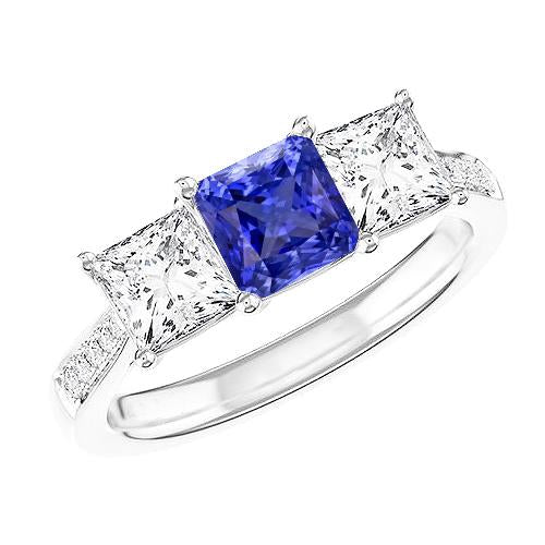 Bague Pierres Précieuses Coussin Saphir Princesse & Diamants Ronds 3 Carats - HarryChadEnt.FR