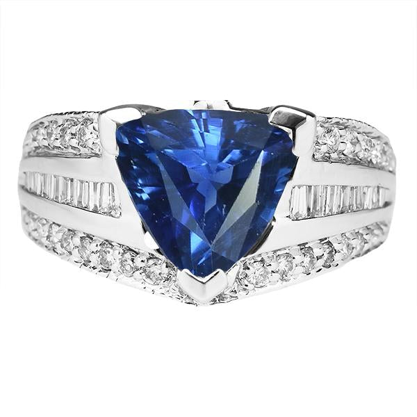 Bague Pierres Précieuses Trillion Saphir 4.50 Carats Baguette & Diamants Ronds - HarryChadEnt.FR