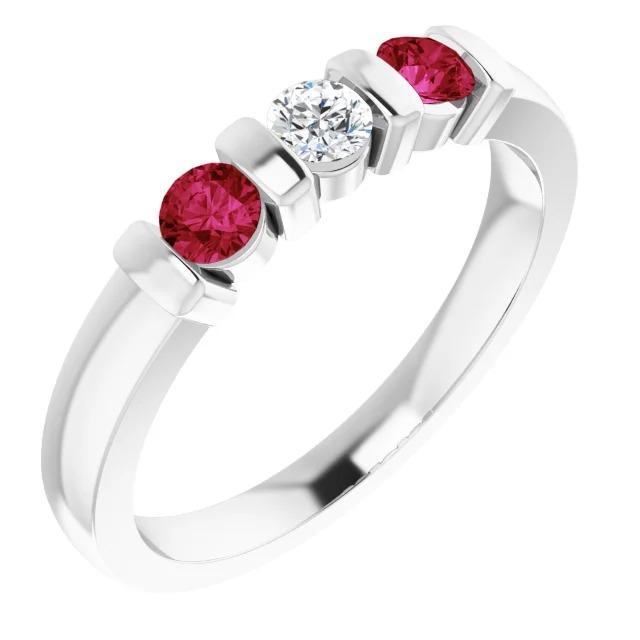Bague Rubis Diamant Trois Pierres 0.90 Carats Or Blanc 14K - HarryChadEnt.FR