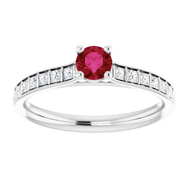 Bague Rubis Rond et Diamant Princesse 2 Carats Or Blanc 14K - HarryChadEnt.FR