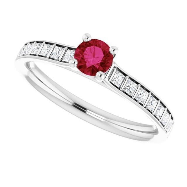Bague Rubis Rond et Diamant Princesse 2 Carats Or Blanc 14K - HarryChadEnt.FR