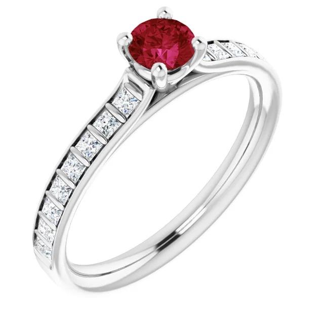 Bague Rubis Rond et Diamant Princesse 2 Carats Or Blanc 14K - HarryChadEnt.FR