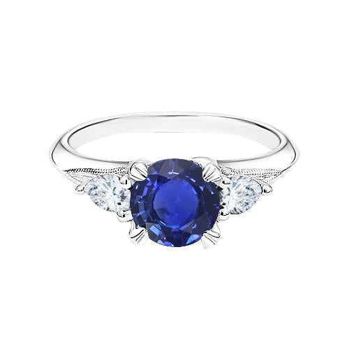 Bague Saphir Bleu 3 Pierres Saphir Rond 1.50 Carats Poire Diamants - HarryChadEnt.FR