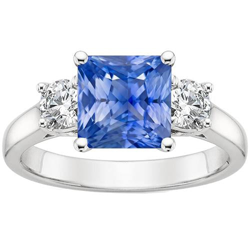 Bague Saphir Bleu Ceylan 4 Carats & Diamant Rond 3 Pierres Or 14K - HarryChadEnt.FR