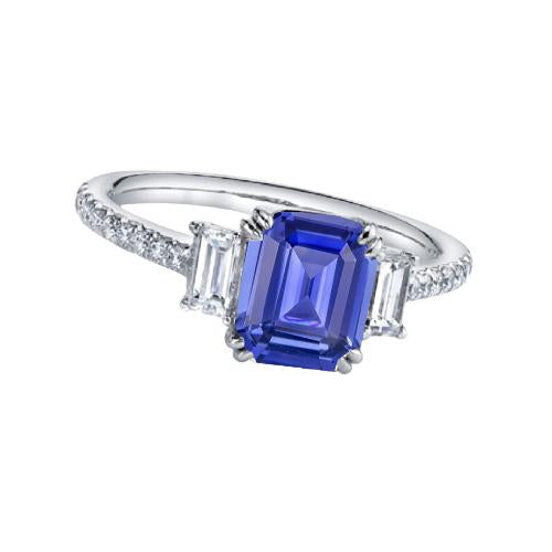Bague Saphir Bleu Emeraude Trois Pierres & Serti Diamants 3 Carats - HarryChadEnt.FR