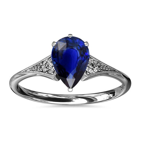 Bague Saphir Bleu Poire 3 Pierres Style Antique & Diamants 3.25 Carats - HarryChadEnt.FR