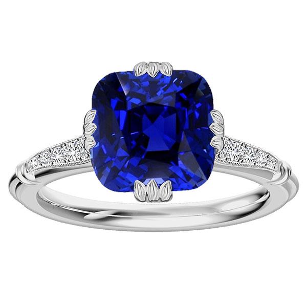 Bague Saphir Coussin Pierres Précieuses 3.50 Carats Diamants Triple Griffe - HarryChadEnt.FR