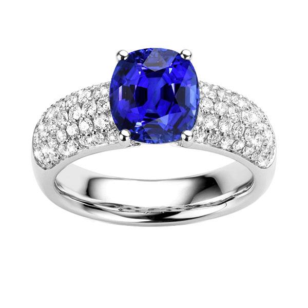 Bague Saphir Coussin Pierres Précieuses Or Blanc 14K Diamants 3.50 Carats - HarryChadEnt.FR