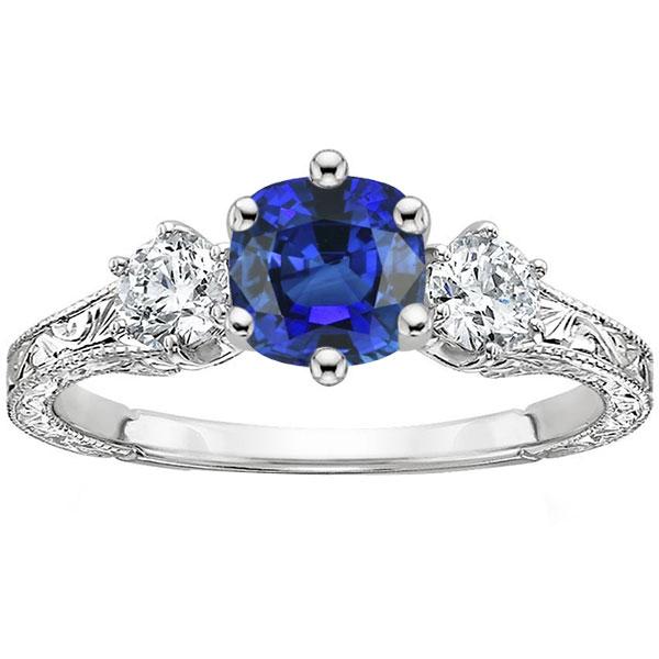 Bague Saphir Coussin Trois Pierres Style Antique Diamants 2.50 Carats - HarryChadEnt.FR
