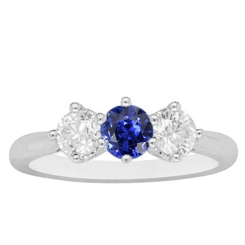 Bague Saphir Diamant Rond Trois Pierres 2.50 Carats Or Blanc 14K - HarryChadEnt.FR