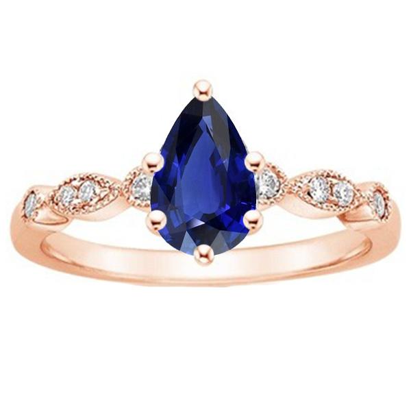 Bague Saphir Or Rose Style Vintage Poire & Diamants Ronds 4 Carats - HarryChadEnt.FR