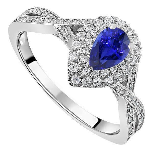 Bague Saphir Poire Halo Style Sri Lankais Torsadé 4.50 Carats - HarryChadEnt.FR