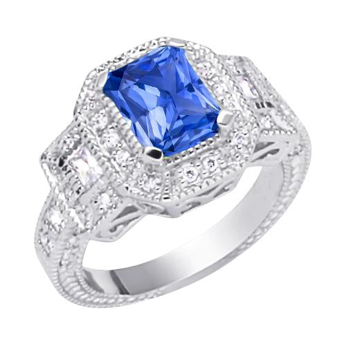 Bague Saphir Radiant Diamant Halo 2.50 Carats Baguettes Style Vintage - HarryChadEnt.FR