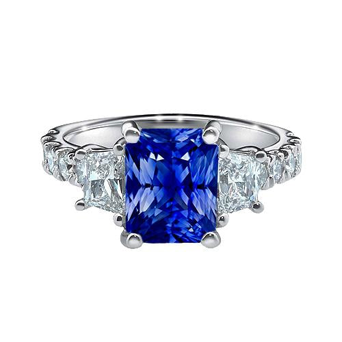 Bague Saphir Radiant Gemstone Trapèze & Diamants Ronds 3.50 Carats - HarryChadEnt.FR