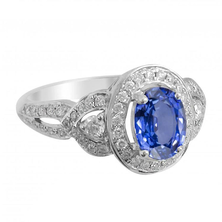 Bague Saphir Sri Lanka Et Diamant Taille Ovale Or Blanc 14K 3 Ct - HarryChadEnt.FR