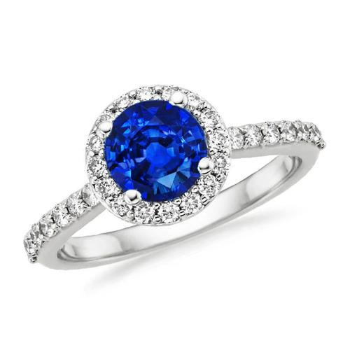 Bague Saphir Sri Lanka Rond 1.80 Ct Halo Diamant Or Blanc - HarryChadEnt.FR