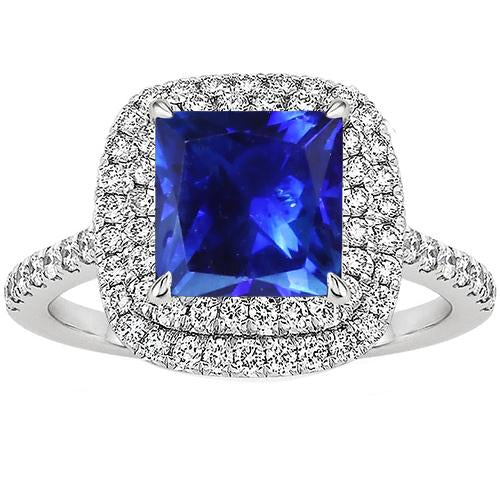 Bague Saphir Sri Lankais Double Halo Taille Carrée 4.50 Carats Or Blanc - HarryChadEnt.FR