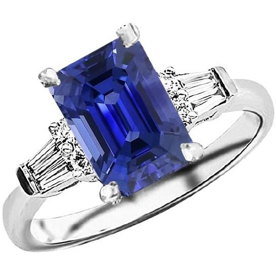 Bague Saphir Sri Lankais Rond & Baguette Taille Émeraude 4 Carats - HarryChadEnt.FR