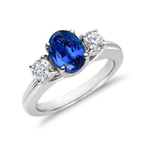 Bague saphir du Sri Lanka de style 3 pierres avec diamants 3 carats WG 14K - HarryChadEnt.FR