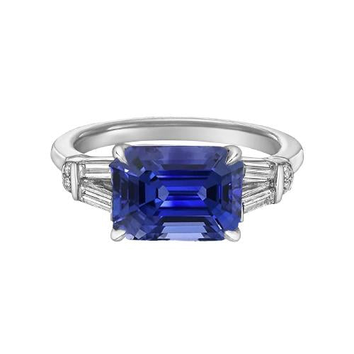 Bague Saphir de Ceylan Baguette & Diamant Rond Taille Émeraude 2.50 Carats - HarryChadEnt.FR