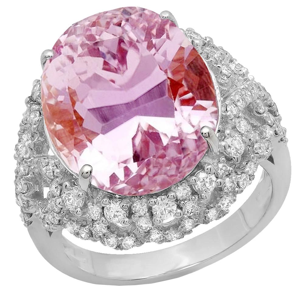 Bague Sertie De Griffes 36.75 Ct Kunzite Rose Avec Diamants Or Blanc 14K - HarryChadEnt.FR