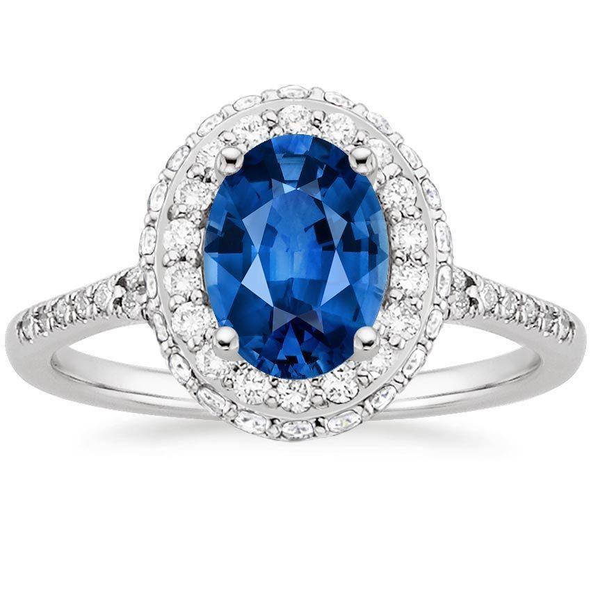 Bague Sertie De Griffes Halo Saphir Et Diamants 3.70 Carats Or Blanc 14K - HarryChadEnt.FR