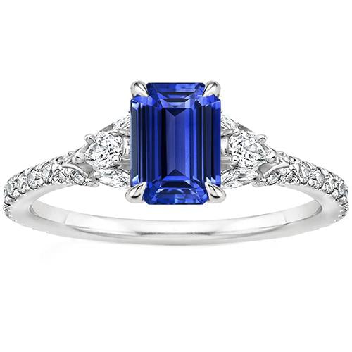Bague Solitaire Accents 3 Pierres Saphir Bleu & Diamant 4.50 Carats - HarryChadEnt.FR