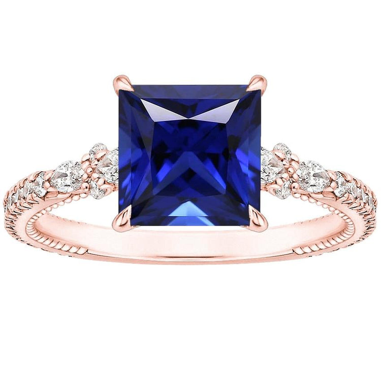 Bague Solitaire Accents Or Rose Saphir Bleu et Diamant 5.5 Carats - HarryChadEnt.FR