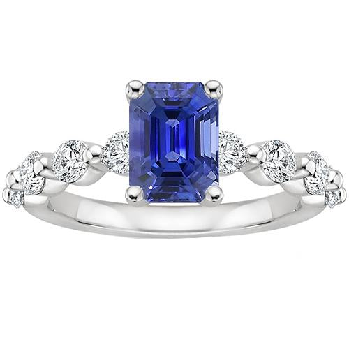 Bague Solitaire avec Accents Saphir de Ceylan Radiant & Diamant 4.25 Carats - HarryChadEnt.FR