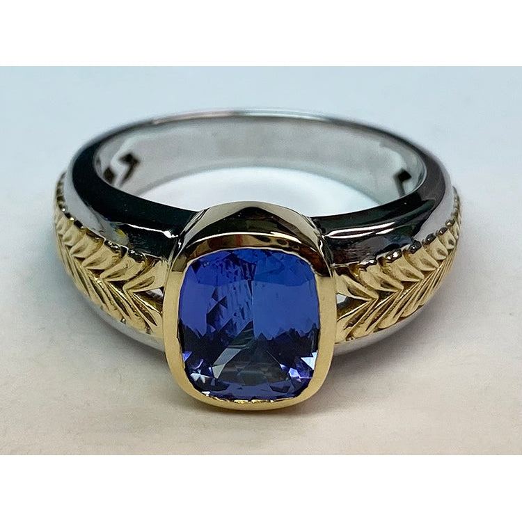 Bague Solitaire Deux Tons Tanzanite Coussin Lunette Sertie 5.50 Carats
