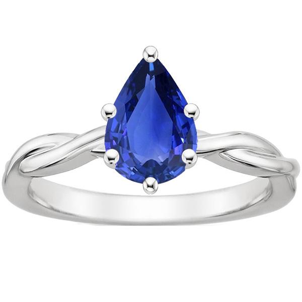 Bague Solitaire Or Blanc Poire Saphir Bleu 4 Carats Tige Torsadée - HarryChadEnt.FR