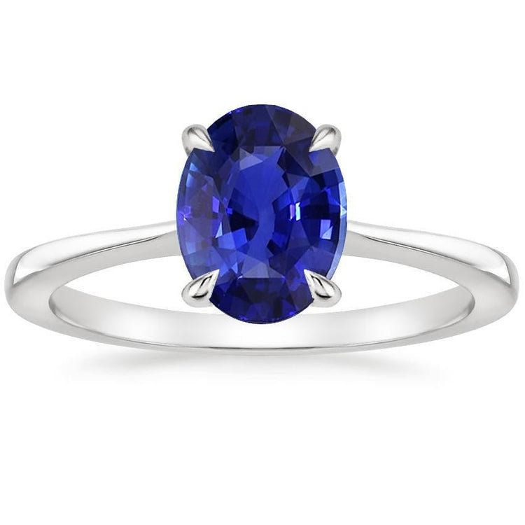 Bague Solitaire Ovale Saphir Bleu 3.50 Carats Tige Conique Or Blanc - HarryChadEnt.FR