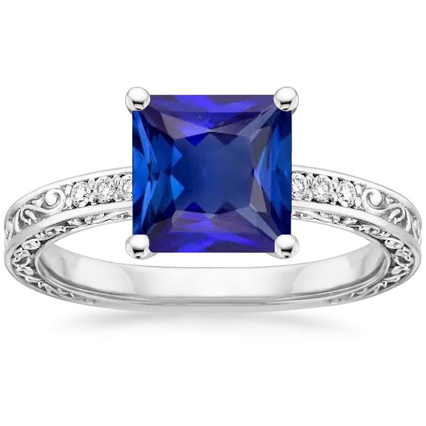Bague Solitaire Princesse Avec Accents Saphir Bleu Filigrane 5.50 Carat - HarryChadEnt.FR