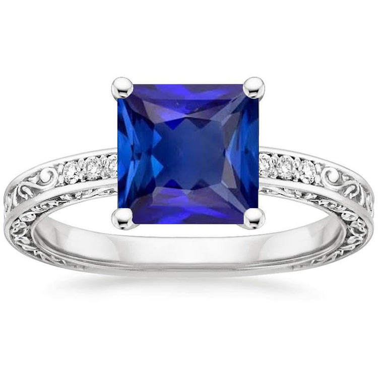 Bague Solitaire Princesse Avec Accents Saphir Bleu Filigrane 5.50 Carat - HarryChadEnt.FR