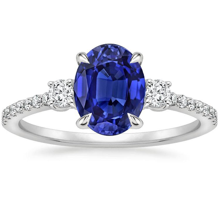 Bague Solitaire Saphir Bleu & Accents Diamants Ronds 3.50 Carats - HarryChadEnt.FR