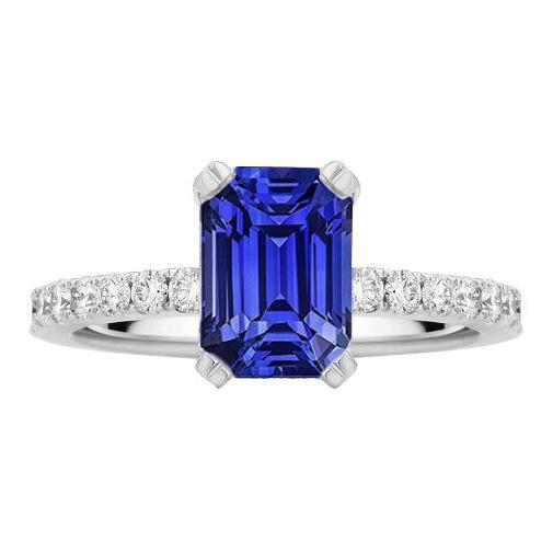 Bague Solitaire Saphir Bleu Emeraude & Pavé Diamants 3.50 Carats - HarryChadEnt.FR