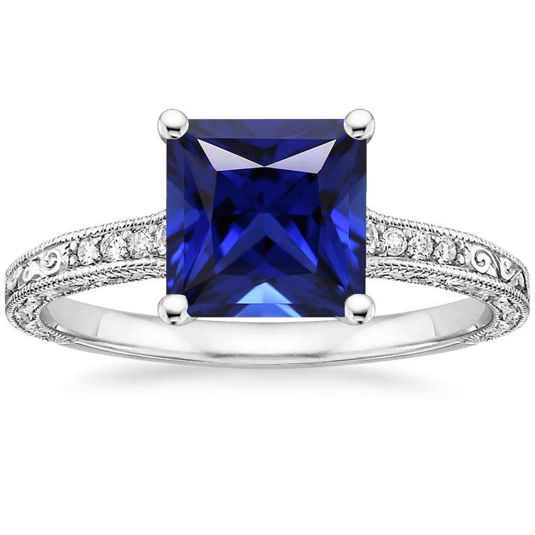 Bague Style Antique Diamant & Princesse Sri Lanka Saphir 5.25 Carats - HarryChadEnt.FR