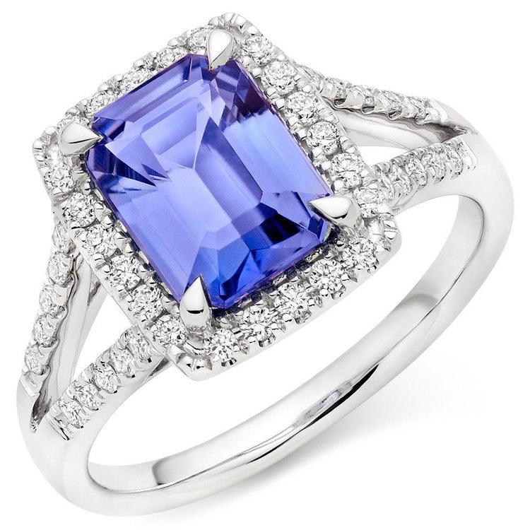 Bague Tanzanite Bleue 6.85 Ct Avec Diamants Or Blanc 14K - HarryChadEnt.FR