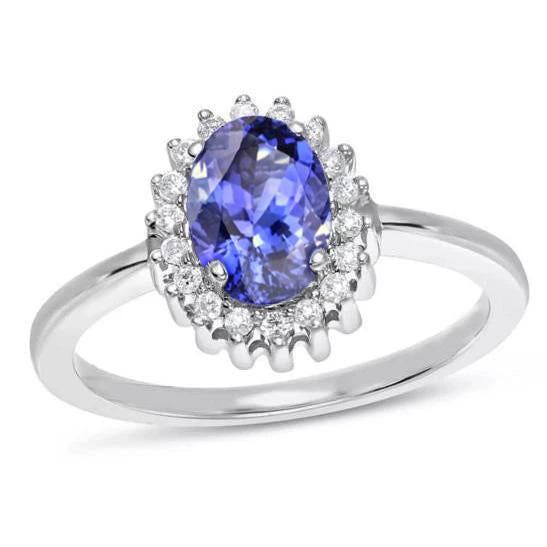 Bague Tanzanite Ovale Avec Diamants 9 Ct Or Blanc 14K - HarryChadEnt.FR