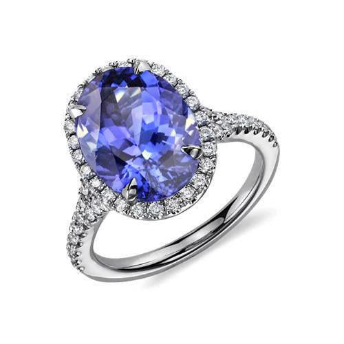Bague Tanzanite Taille Ovale Bleue Et Diamant 6.50 Carats Or Blanc 14K - HarryChadEnt.FR