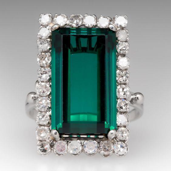 Bague Tourmaline Verte 13 Ct Et Diamant Or Blanc 14K - HarryChadEnt.FR