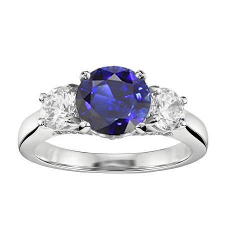Bague Trois Pierres 2 Carats Ronde Saphir Bleu Naturel & Diamants - HarryChadEnt.FR