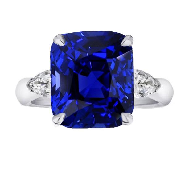 Bague Trois Pierres Coussin Saphir Bleu Diamants Poire 4 Carats