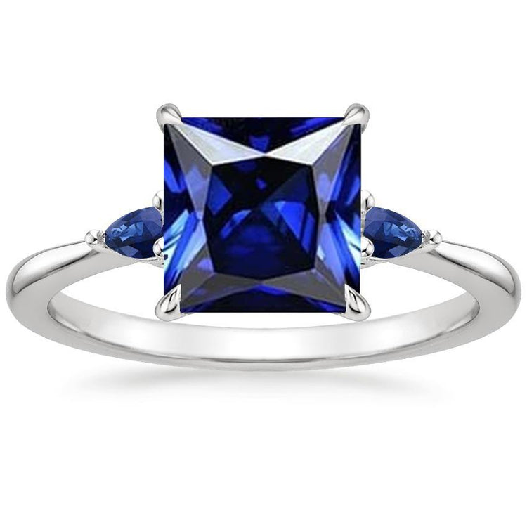 Bague Trois Pierres Gemmes Princesse & Poire Saphirs Ceylan 5.25 Carats - HarryChadEnt.FR