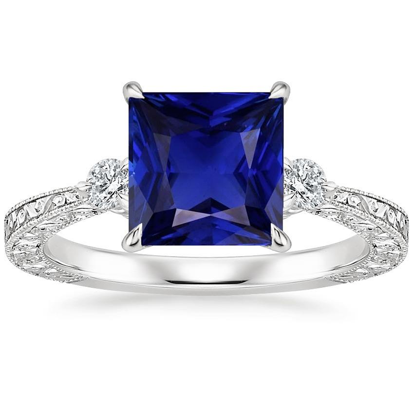 Bague Trois Pierres Gemmes Princesse Saphir Bleu & Diamant 5.25 Carats - HarryChadEnt.FR