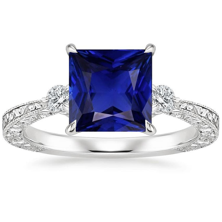 Bague Trois Pierres Gemmes Princesse Saphir Bleu & Diamant 5.25 Carats - HarryChadEnt.FR