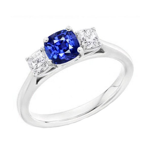 Bague Trois Pierres Saphir Bleu & Diamants Coussin Or 2 Carats 14K - HarryChadEnt.FR