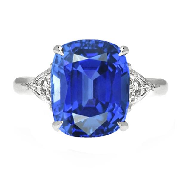Bague Trois Pierres Saphir Bleu Ovale & Trillion Diamants 4.50 Carats - HarryChadEnt.FR