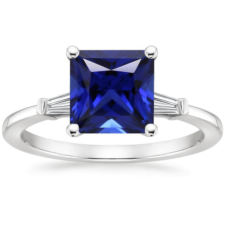 Bague Trois Pierres Saphir Bleu Princesse & Diamants Baguette 5.25 Carat - HarryChadEnt.FR